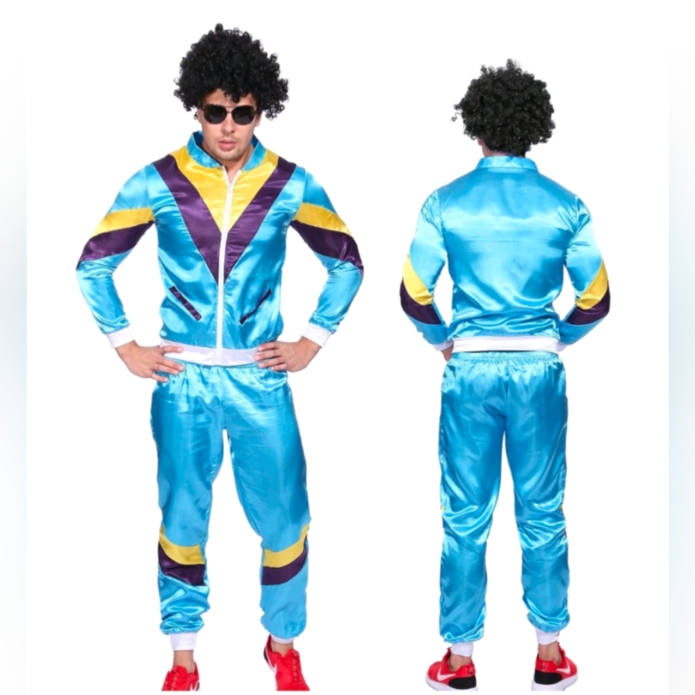 Smiffys MED Men Costume Blue Track Suit Retro 80s Windbreaker Jacket & Pants Set